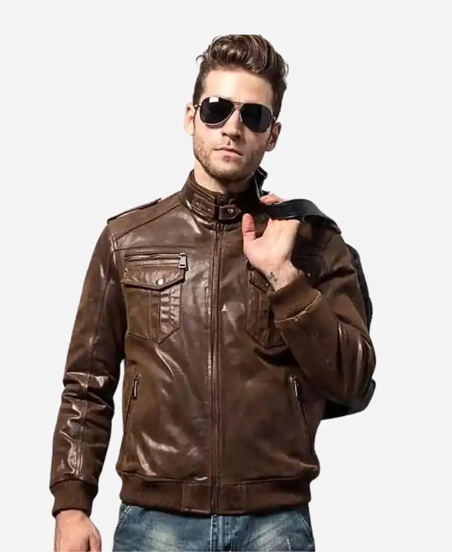 Men’s Motorcycle Brown Bomber Leather Jacket with Removable Hood