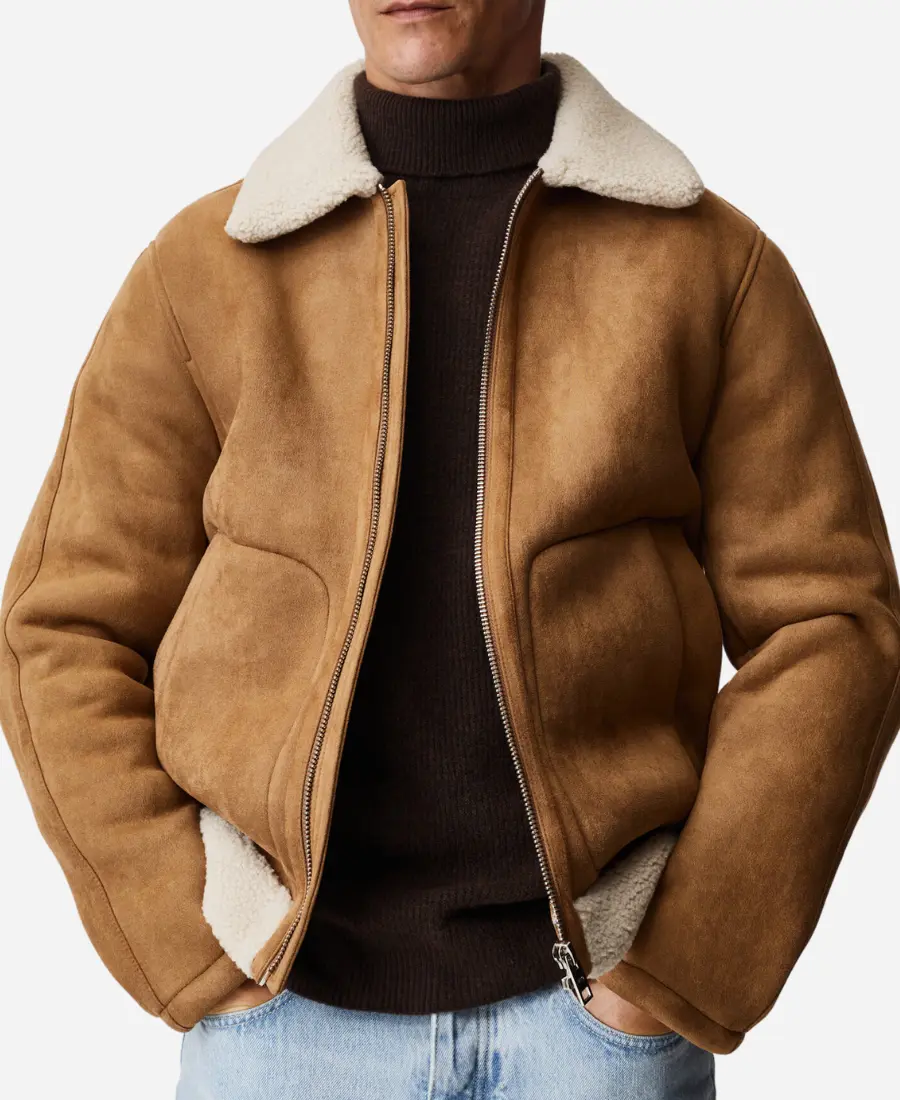 Men’s Fur Collar Brown Suede Leather Trucker Jacket